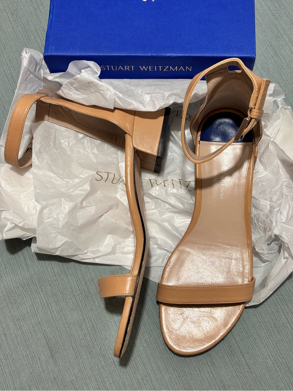 Stuart Weitzman Nudist Adobe Tan Leather Ankle-Strap Block Heel Sandals 7 M Box